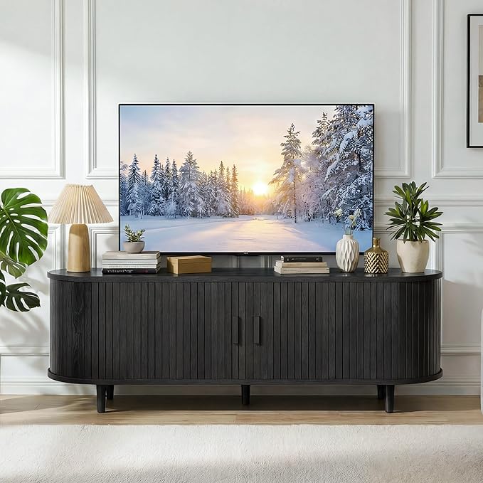 58" Mid Century Modern TV Stand, Wood TV Consoles with Sliding Doors and Power Outlet, Fluted Entertainment Center with Adjustable Shelves, Media Console for Living Room, Black