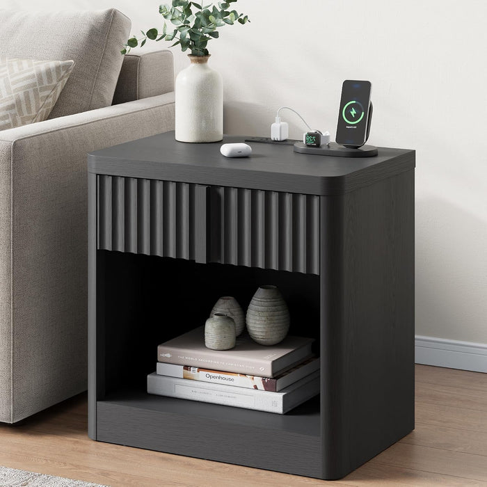 Fluted Nightstand with Charging Station, 23.6" End Table with Solid Wood Handle, Curved Profile Design, Mid Century Moden Bedside Table for Bedroom, Black
