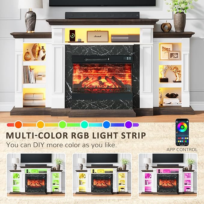 Naice 72" Electric Fireplace with Mantel and Cabinets, Fireplace TV Stand for TVs up to 80", LED Light & Power Outlet, 3-Side Glass Realistic Flame Insert Heater for Living Room Bedroom