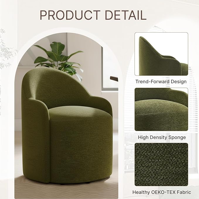 Upholstered Dining Chairs with Casters, No Assembly Modern Dining Room Chairs Accent Vanity Chair with 5 Wheels & Round Backrest for Bedroom, Living Room, Dressing, Green Fabric, Set of 4