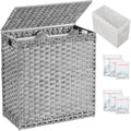 Laundry Hamper with Lid Wicker Laundry Basket 112 L (29.6 Gal) Laundry Hampers Handwoven Rattan Clothes Hamper with Handles 3 Removable Liner Bag, 6 Mesh Bags for Bathroom Bedroom Gray