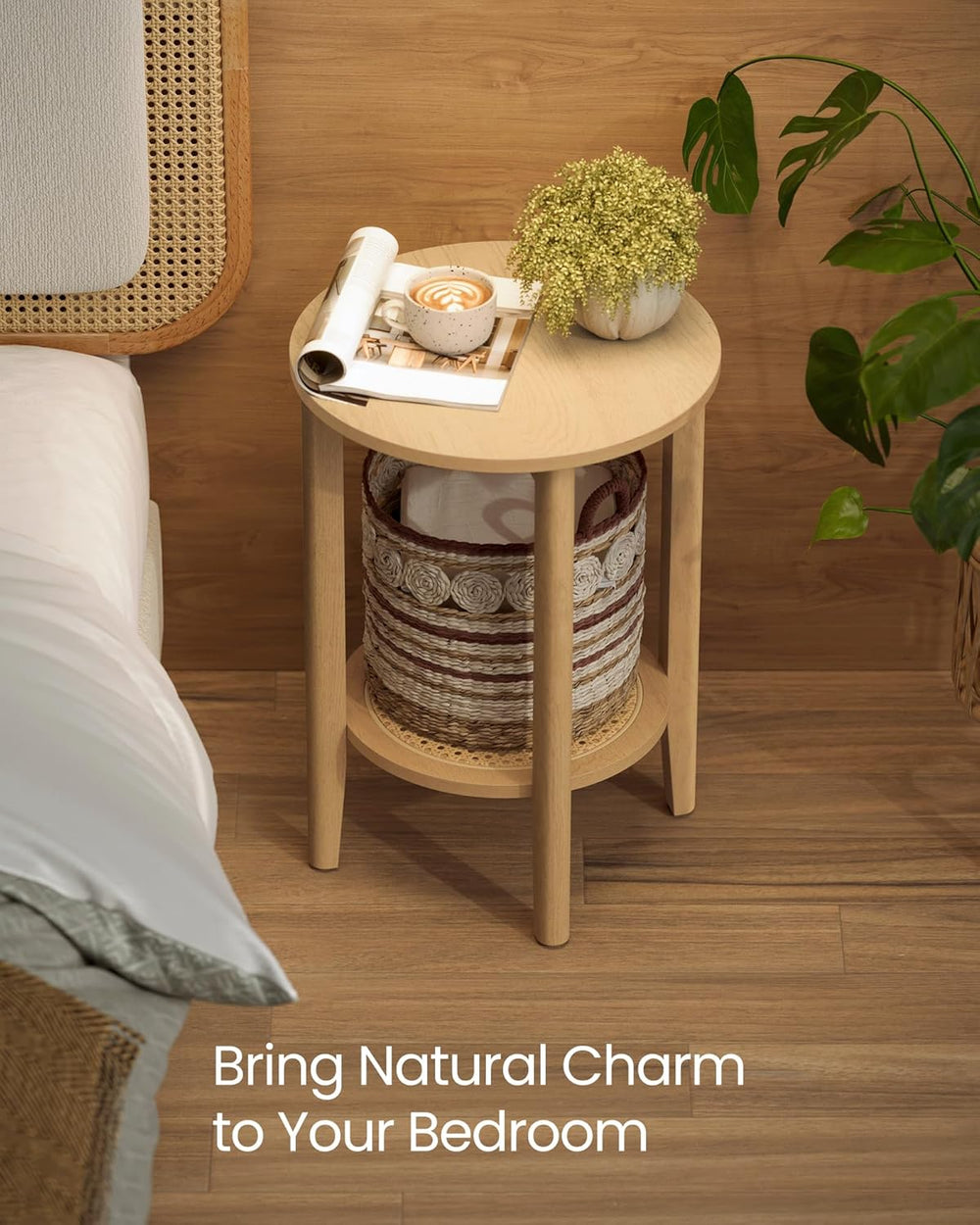 VASAGLE Round Side End Table, 2-Tier Boho Bedside Table with Rattan-Look Stor...