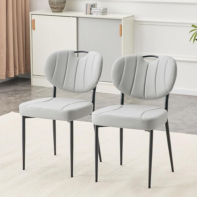 Modern Dining Chairs Set of 2, Grey Leather Dining Chairs for Dining Room and Kitchen, Dinning Chair with Oval Curved Backrest, Precision Stitching, Top Handle, 3.54" Thick Cushion Seat, Metal Legs