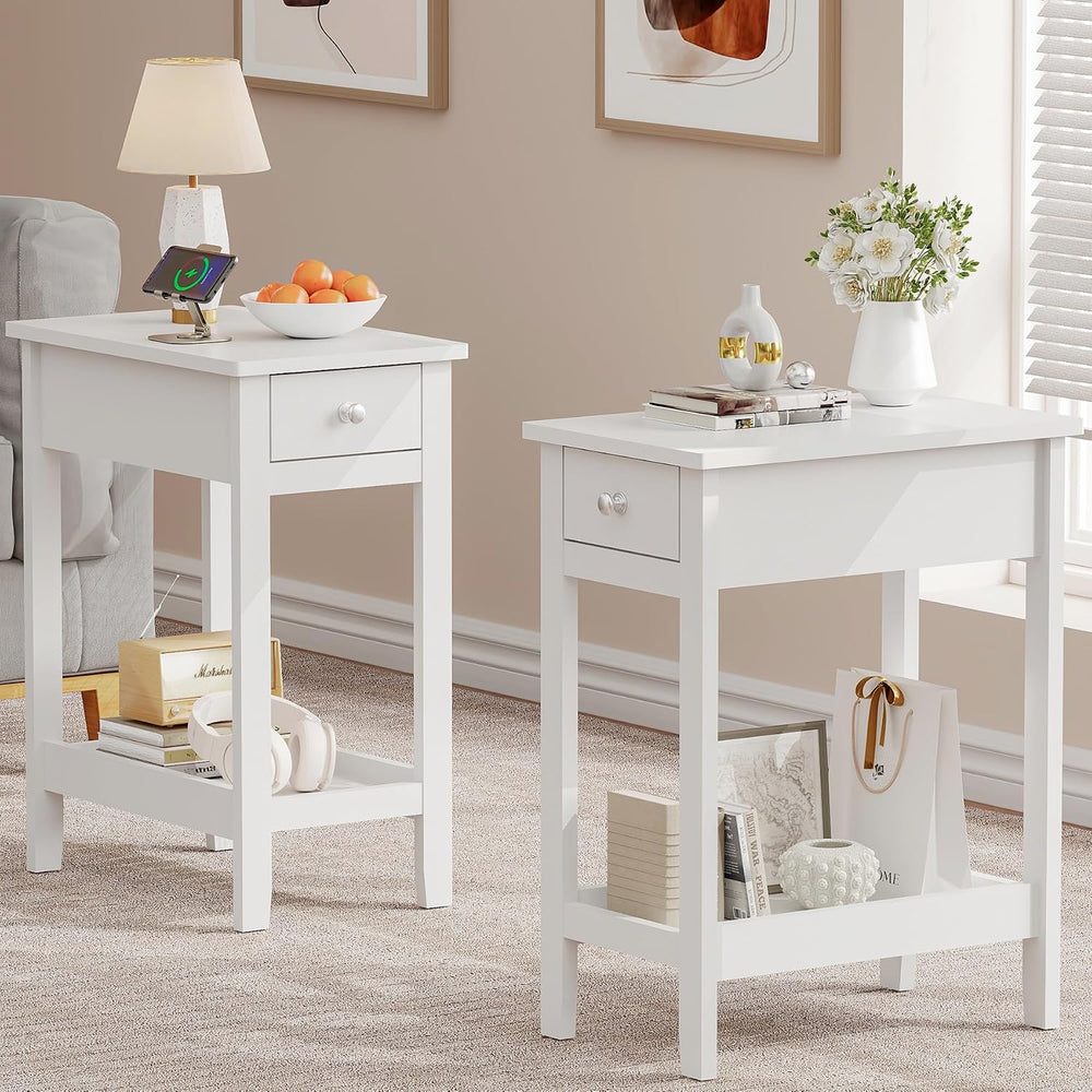 SEJOV End Table Set of 2, Narrow Night Stand with Drawer and Shelves, 2-Tier ...