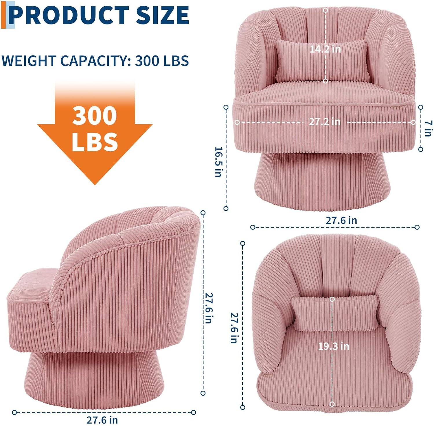 Modern 360° Swivel Barrel Accent Chair, Velvet Upholstered Armchair with Striped Backrest & Plush Cushion, Comfy Round Lounge Chair for Living Room Bedroom, Pink
