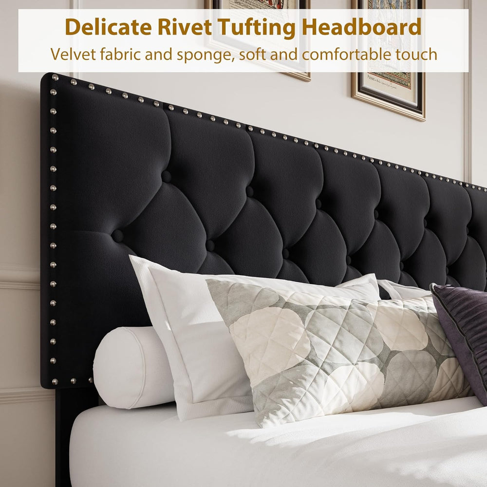 GarveeHome King Size Bed Frame with 2 Drawers, Velvet Headboard, Black