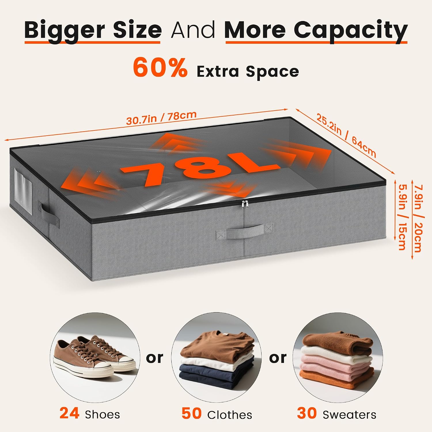 XXXL 78L Under Bed Storage, Storage Containers with Support & Clear Lid, Support Frame, Underbed Storage Bins for Clothes, Shoes, Blankets, and Toys 2 pack