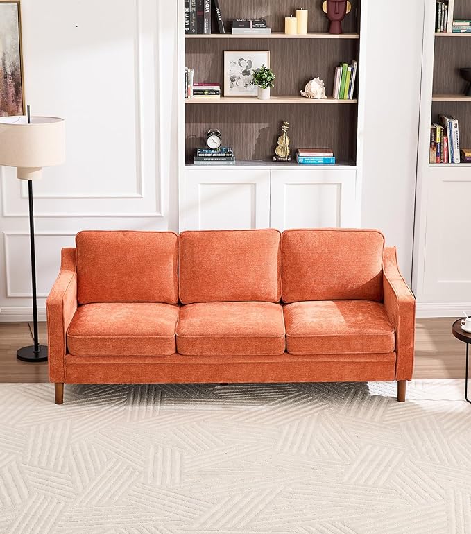 Kingfun 80" Chenille Sofa, 3 Seater Couch, Mid Century Modern Couches with Solid Wood Legs for Living Room & Bedroom, Orange