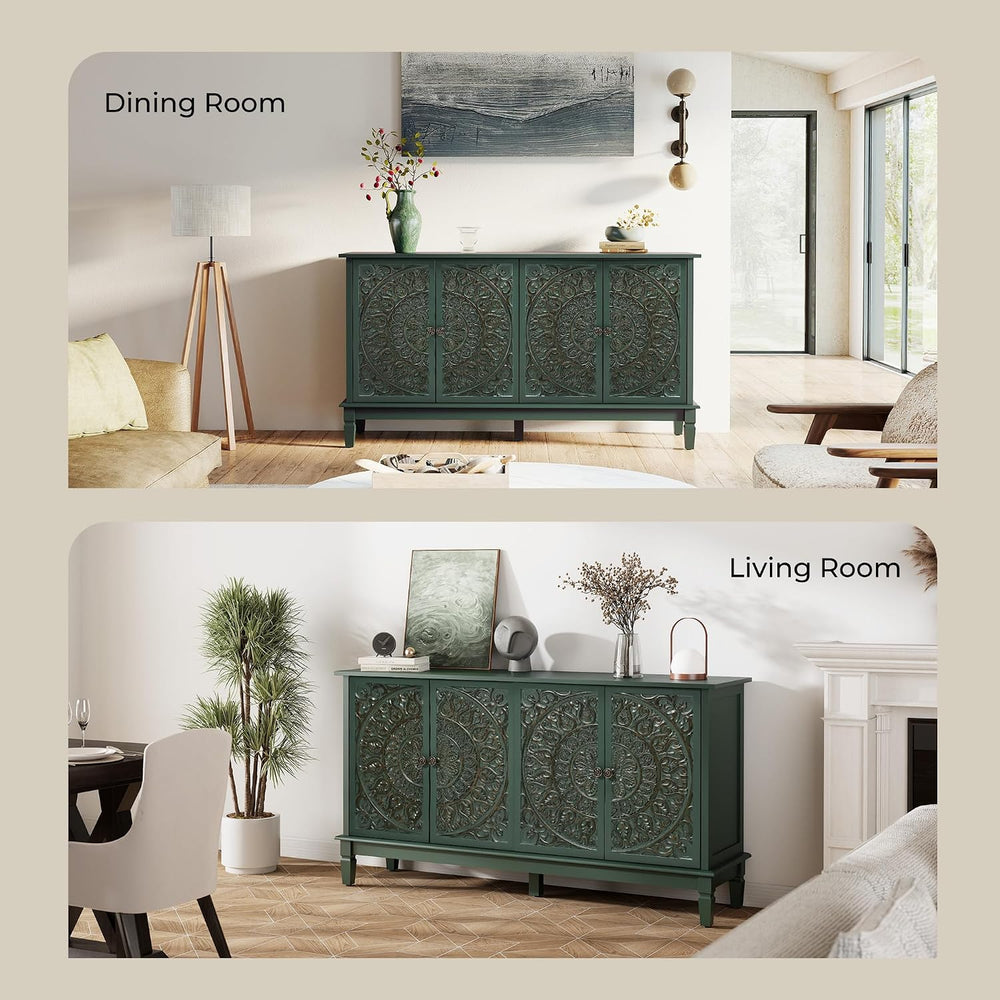 59" Solid Wood Buffet Cabinet, Accent Cabinet, 4 Carved Doors