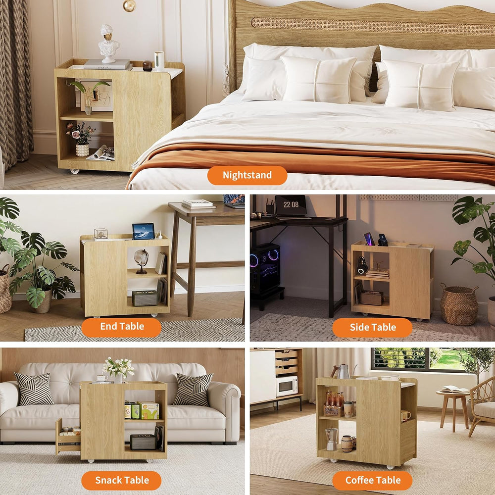 End Table with Charging Station, Mobile Side Table with Drawer, 3-Level Adjus...