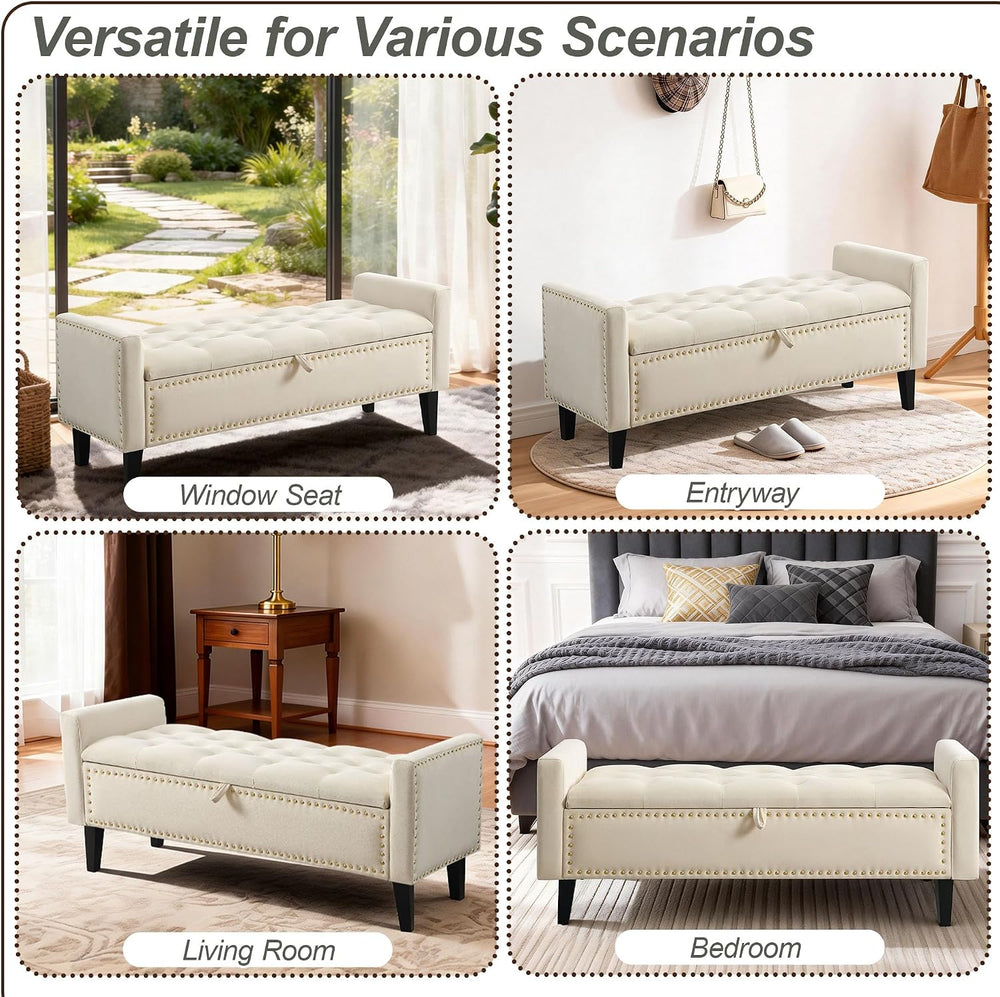 47in Velvet Storage Ottoman Bench with Arms, Upholstered Storage Bench with W...