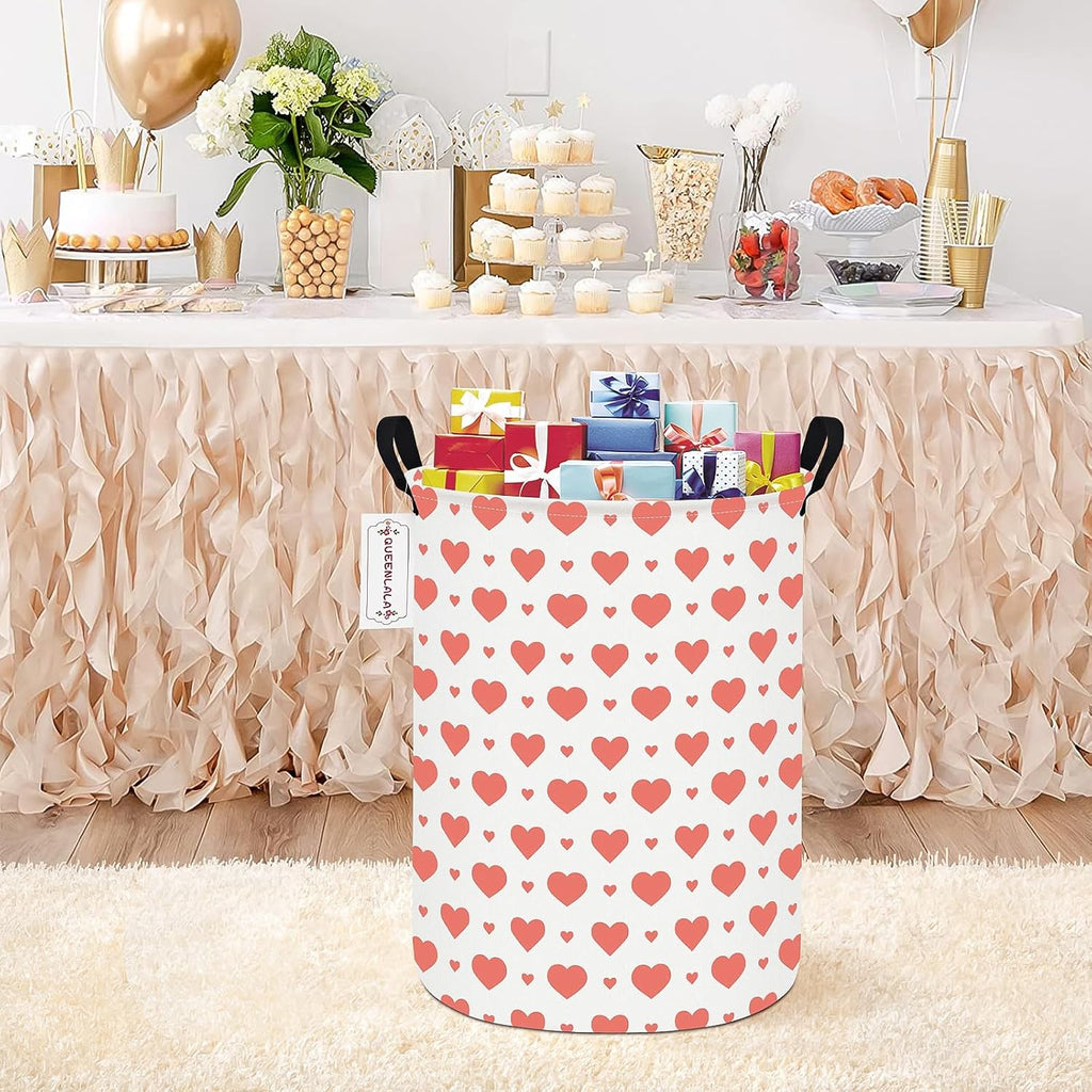 QUEENLALA Large Foldable Round Storage Basket Laundry Hamper, Pink Heart | 19.7"H x 15.15"D, waterproof & easy wipe. Folds flat to save space. Ideal for bedroom, bathroom, closet