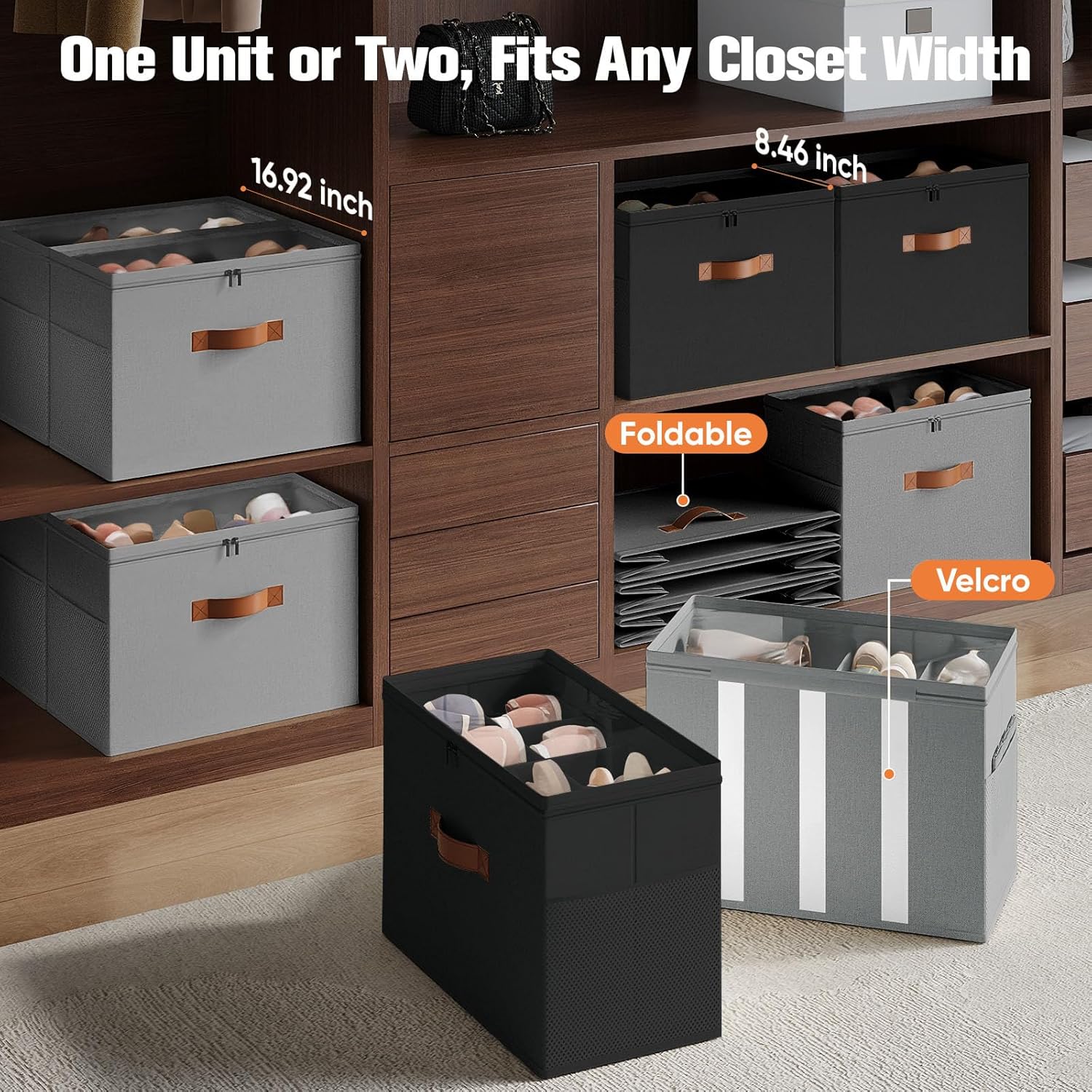 Shoe Organizer for Closet, 2 Pack Foldable Shoe Storage Organizer with Adjustable Dividers, Shoe Storage Box with Clear Cover, Fits up to 16 Pairs, Black & Gray