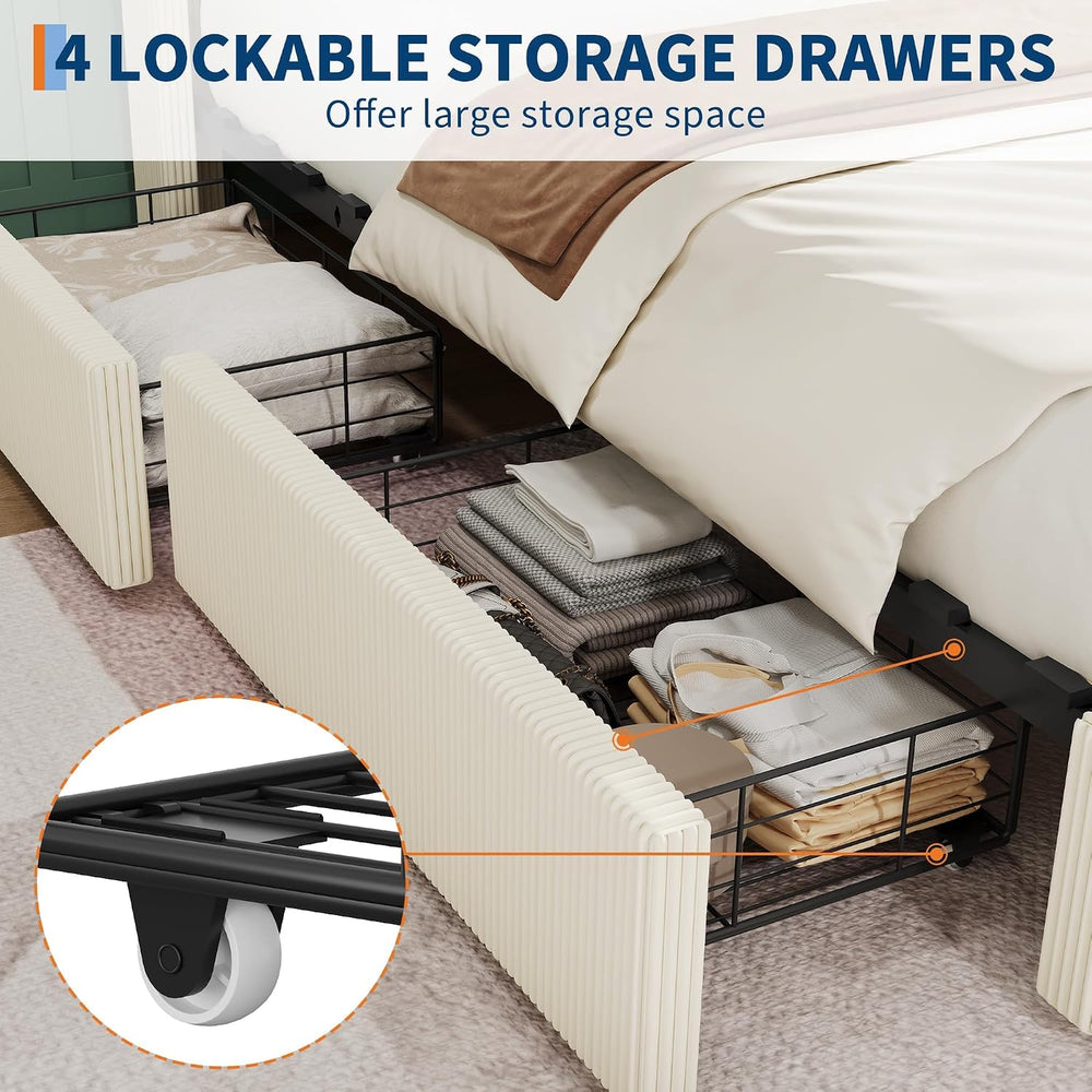 King Bed Frame with 4 Storage Drawers, Corduroy Upholstered Platform Bed