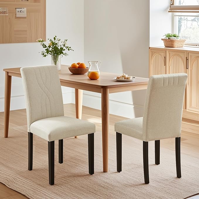 VECELO Upholstered Dining Chairs Set of 6, Modern Fabric and Solid Wood Legs & High Back for Kitchen/Living Room- Beige