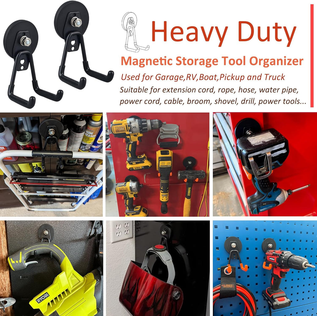 ULIBERMAGNET Heavy Duty Magnetic Garage Hook,6 Pack Strong Large Magnet Hooks for Power Drill,Garden Tools,Hose,Pegboard,Garage, Workshop,Magnetic Storage Hooks for Indoor Outdoor Hanging(Black)