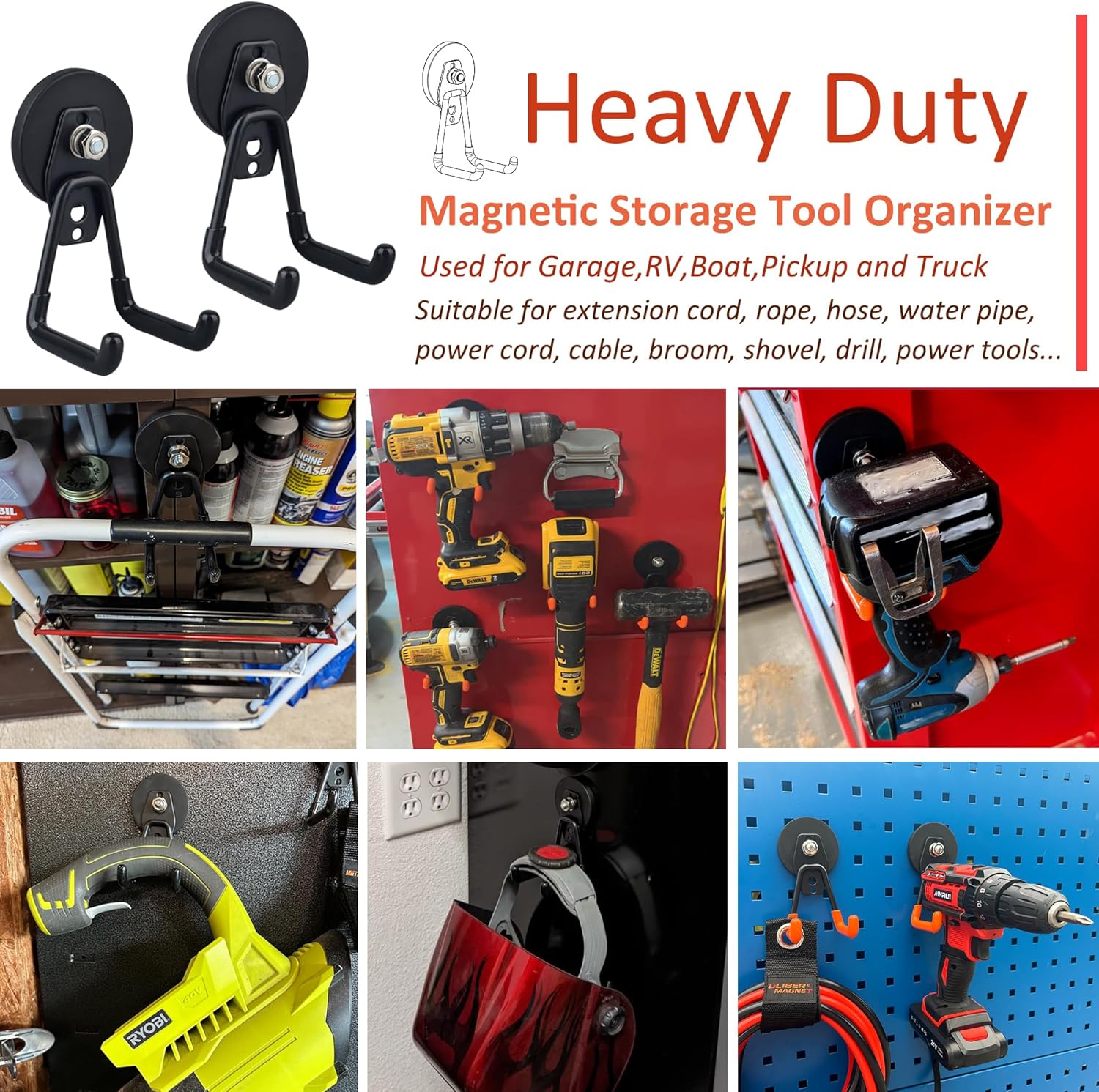 ULIBERMAGNET Heavy Duty Magnetic Garage Hook,6 Pack Strong Large Magnet Hooks for Power Drill,Garden Tools,Hose,Pegboard,Garage, Workshop,Magnetic Storage Hooks for Indoor Outdoor Hanging(Black)