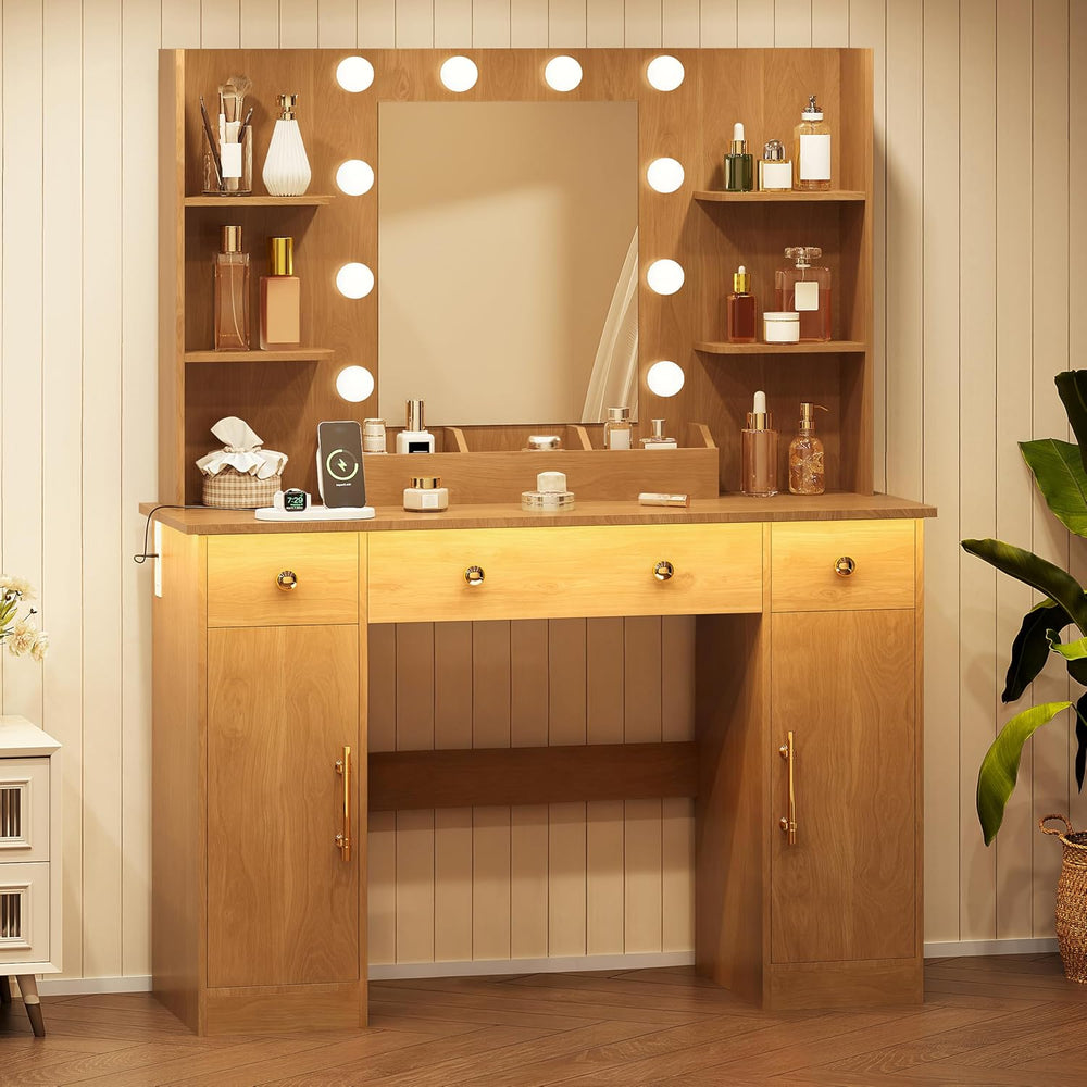 HUANLEGO Vanity Desk with Mirror and LED Lights & Strips for Girls, Oak