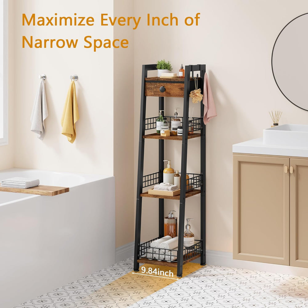 Gewudraw 4-Tier Narrow Ladder Shelf with Drawer, Bathroom Table Stand for Sma...