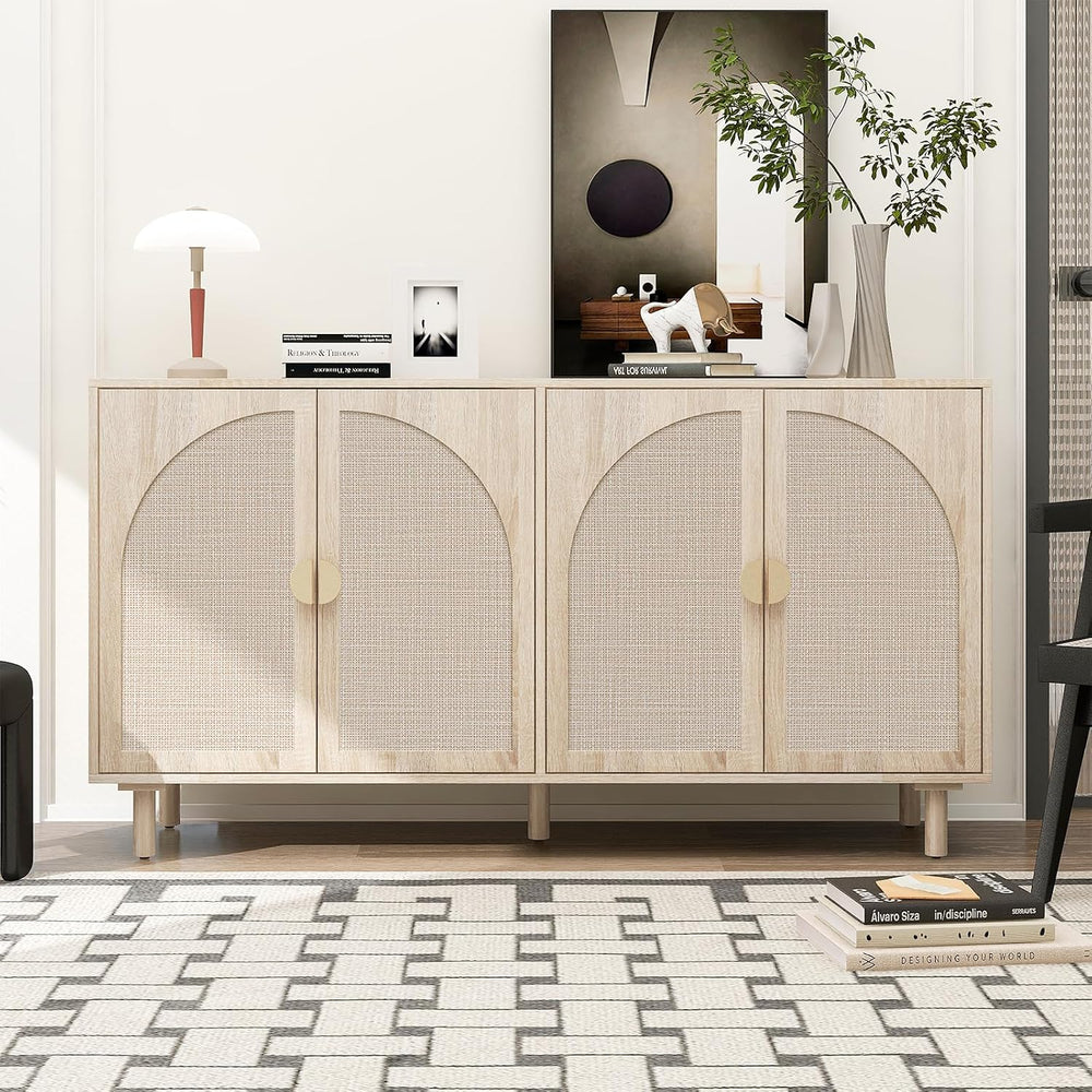 Sideboard Buffet Cabinet with Storage - Rattan 4 Door Cabinet, Accent Storage...