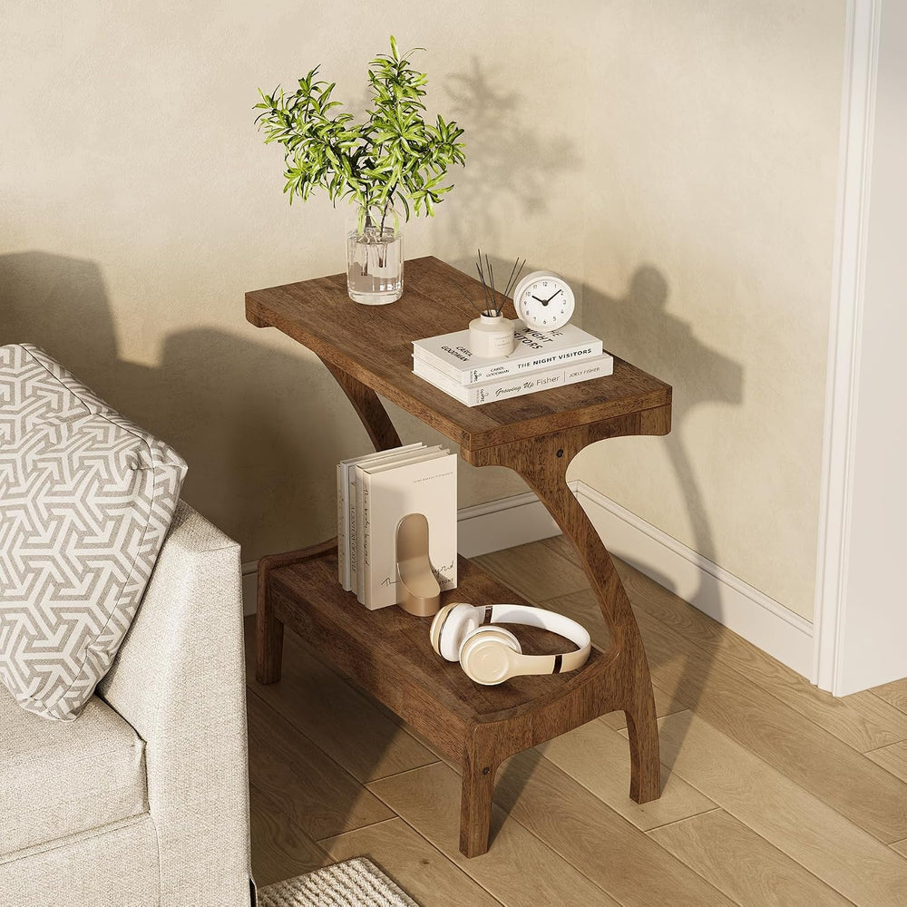 Solid Wood End Table with Storage Shelf, Small Accent Table for Living Room, ...