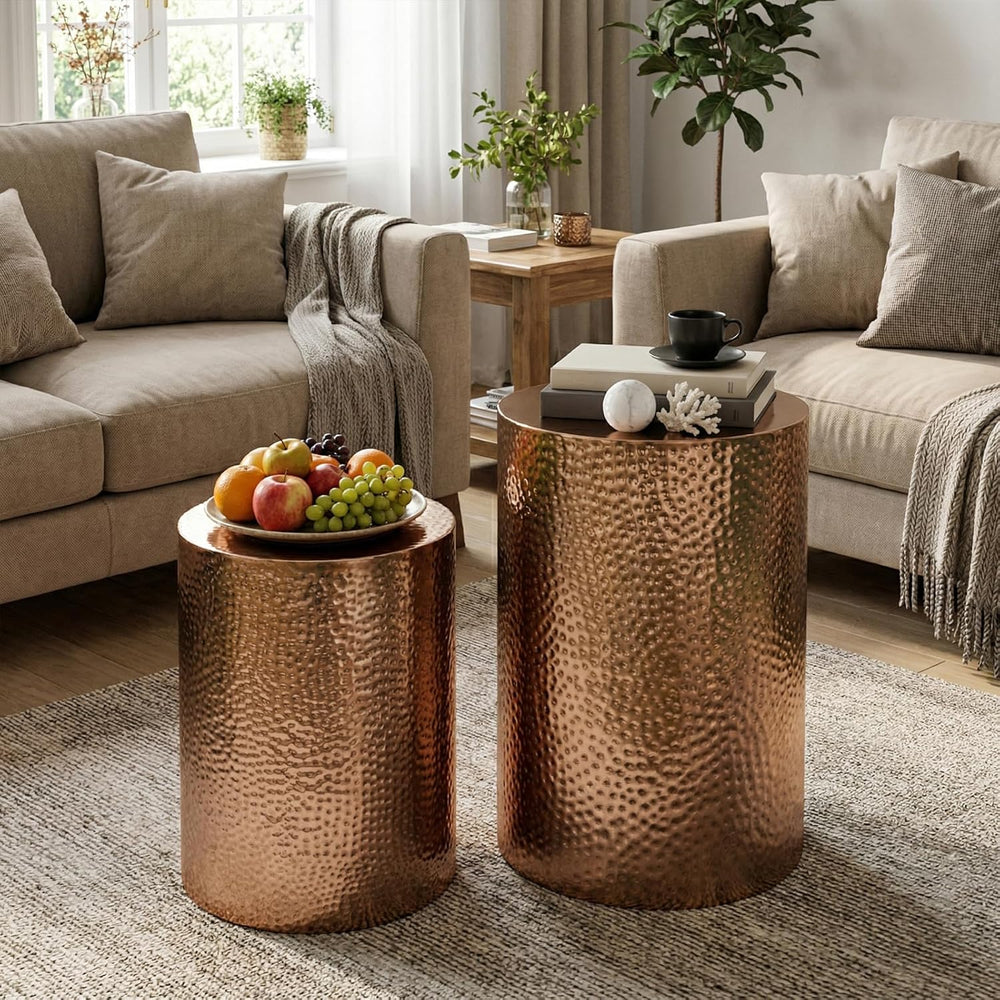 MyGift Set of 2 Modern Hammered Metal Bronze Round End Tables, Home Accent Si...