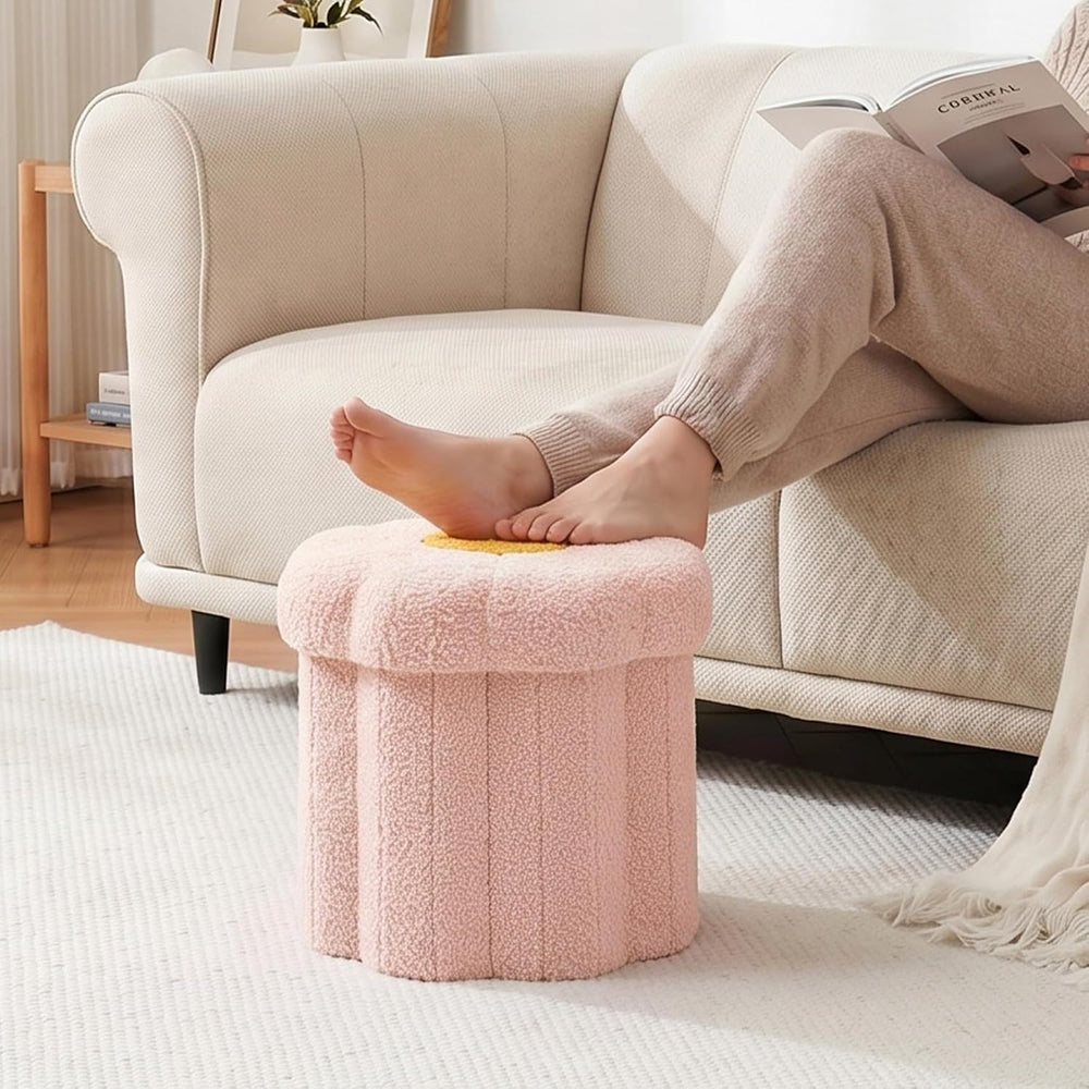 Flower Boucle Storage Ottoman, 12.6" Small Footstool with Padded Seat, F...