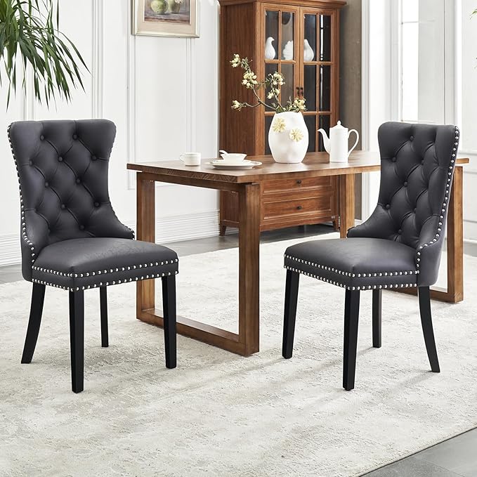 Kiztir Leather Dining Chairs Set of 2, Upholstered Dining Chair with Nailhead Trim and Solid Wood Legs, Luxury Wingback Dining Side Chair for Living Room, Bedroom, Kitchen (Black)