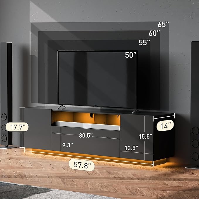 WLIVE Modern TV Stand for 65 Inch TV, Entertainment Center with LED Lights & Large Storage Cabinets, Sturdy Media Console for Living Room, Bedroom, Gaming(Black)