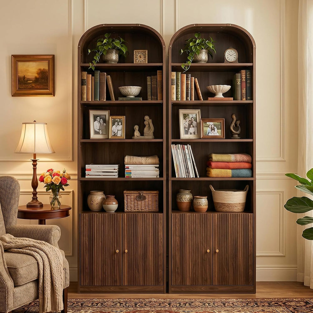 71" Tall Arched Bookshelf with Door, 7 Tiers Arched Bookcase with Storag...