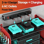 4 Layer Heavy Duty Power Tool Organizer Wall Mount with Charging Station, Adjustable Metal Storage Rack, 6 Outlets Power Strip, Drill Holders, Hooks & Drill Bit Rack for Garage, Workshop, Red