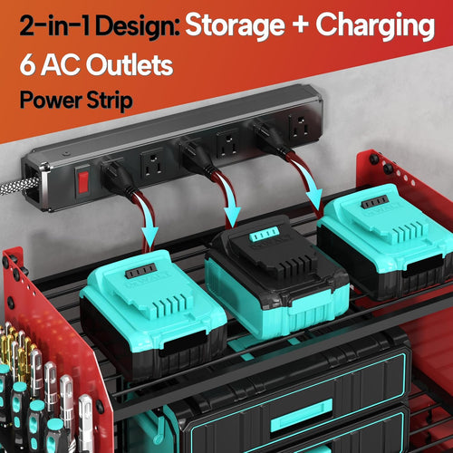 4 Layer Heavy Duty Power Tool Organizer Wall Mount with Charging Station, Adjustable Metal Storage Rack, 6 Outlets Power Strip, Drill Holders, Hooks & Drill Bit Rack for Garage, Workshop, Red
