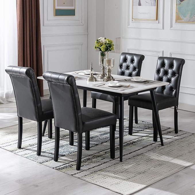 Farmhouse Dining Chairs Set of 4, PU Leather Kitchen Chairs, Modern Upholstered Accent Chair Solid Wood Parsons Chairs for Home/Living Room/Bedroom/Resturant, Black