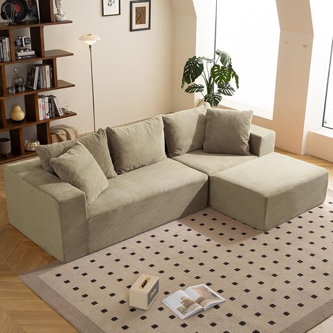 108" L-Shaped Boneless Couch, Modular Sectional Sofa with Moveable Ottoman, Corduroy Cloud Couches for Living Room, No Assembly, Ship in a Box, Camel