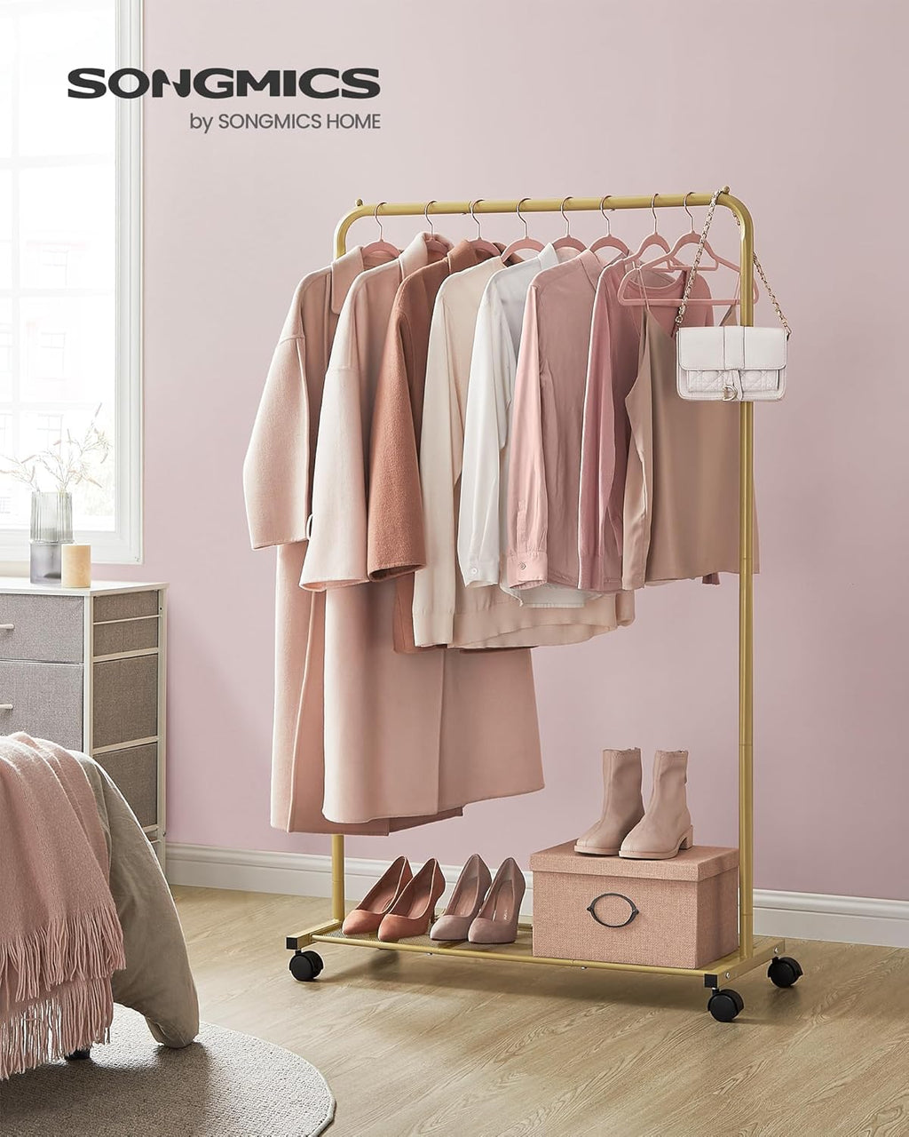 SONGMICS Clothes Rack with Wheels, Clothing Rack for Hanging Clothes, 25.4 mm Metal Garment Rack with Dense Mesh Storage Shelf, 110 lb Load Capacity, 2 Brakes, Gold UHSR025A01