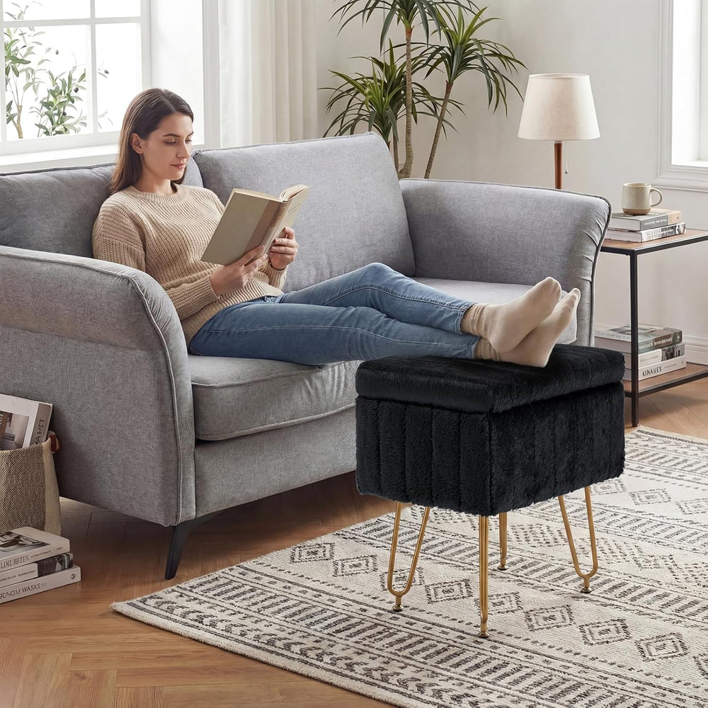 DUMOS Vanity Stool Chair with Storage, Small Ottoman Faux Fur Soft Padded Foo...