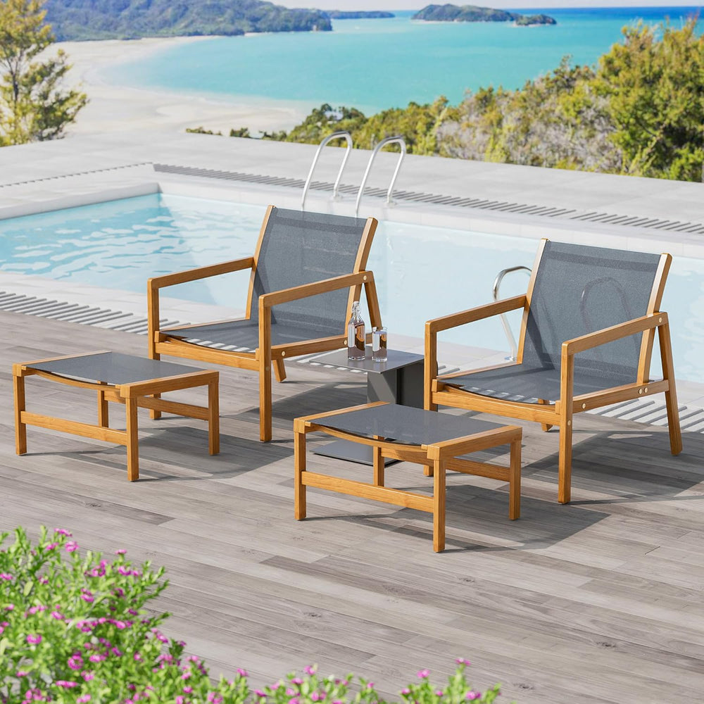 Greesum 4 Piece Furniture Outdoor Acacia Wood Chair with Ottoman for Porch, B...