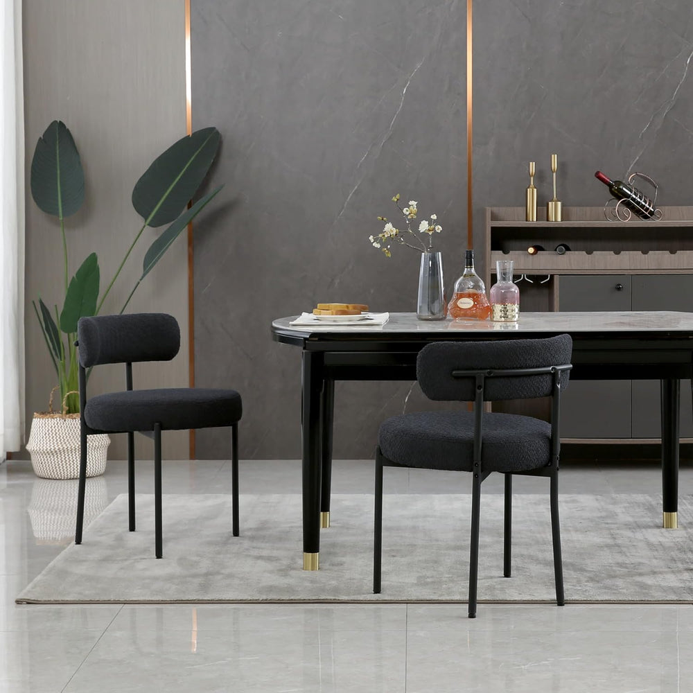 Black Dining Chairs Set of 2 Round Upholstered Boucle Dining Room Chairs, Mid...