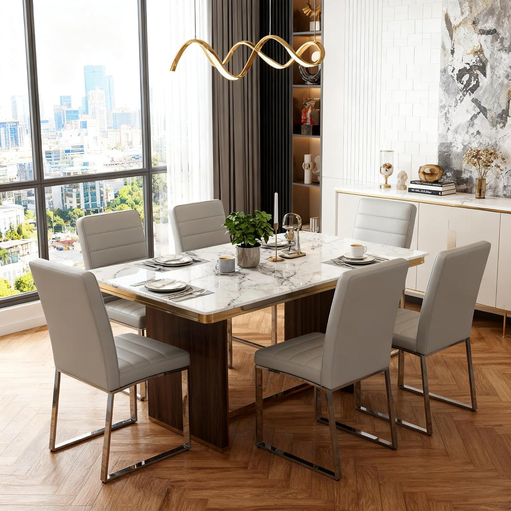 Modern Dining Chairs Set of 6, Grey Faux Leather Kitchen Chairs, Upholstered ...