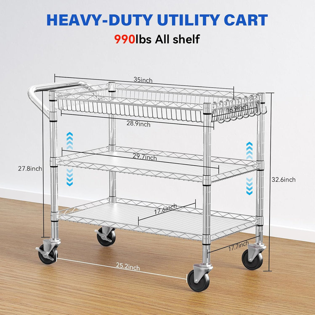 YNN Chrome Utility Rolling Cart,990Lbs 3 Tier Heavy Duty Metal Cart with Wheels & Handle NSF Wheeled Cart 31" D x 18" W x 33" H for Bedroom, Bathroom, Kitchen,Garden,Decor,Serving
