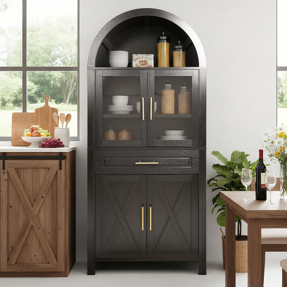 71" Tall Arched Kitchen Pantry with Glass Door, Farmhouse Storage Cabine...