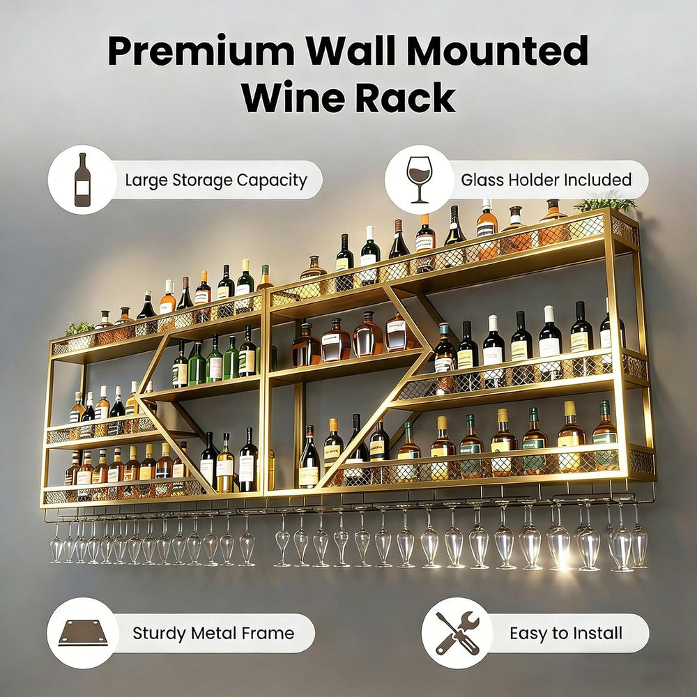 Wall Mounted Wine Rack, 71 Inch, 3-Tier Metal Bottle Shelf with Wine Glass Ho...