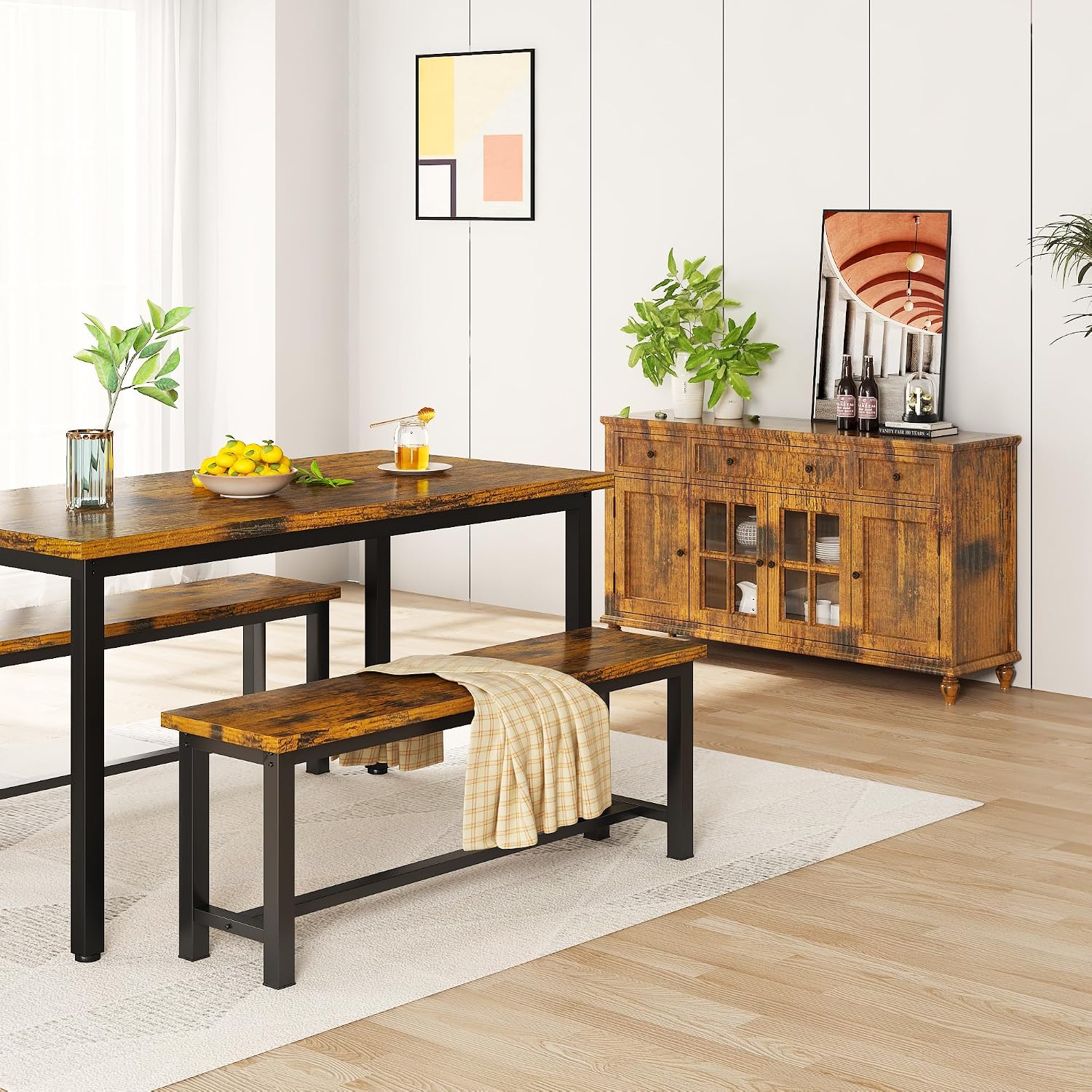 AWQM Table Bench, Pair of 2, Dining Bench, Thickened Steel Frame, Wood Bench, Industrial Style, for Kitchen and Dining Room, 12''Dx38.5''Wx17''H, Rustic Brown