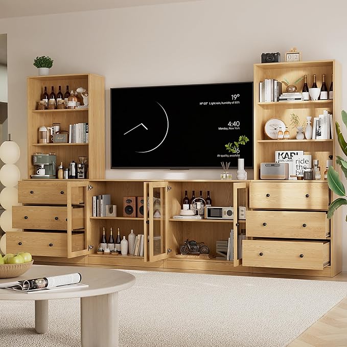 TUSY 71" Large TV Stand Set - TV Entertainment Center for TVs up to 65", Media Center with Tempered Glass Doors and Drawer, TV Hutch with Bookshelves for Living Room (Wood, BDDB)