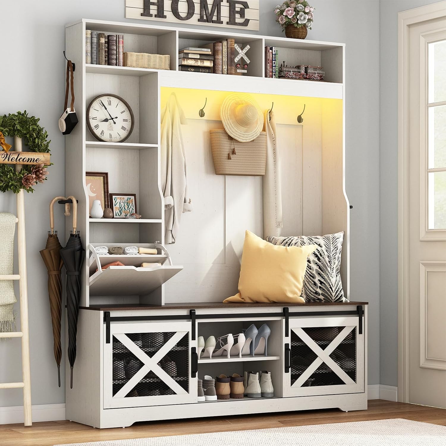 75''H 59''W Large LED Farmhouse Hall Tree with Bench and Shoe Storage,Entryway Bench with Coat Rack,16 Shoe Cubbies & Umbrella Holder and Sock Storage Drawer,Mudroom/Hallway Storages Cabinet(white )