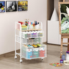 4-Tier Rolling Utility Cart with 3 Drawers - White Craft Organizers and Storage with DIY Dividers, Under Desk Art Supply Storage Organizer with 360° Lockable Wheels for Brushes Artifacts Small Parts