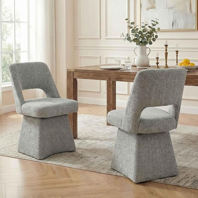 VKNOW Upholstered Swivel Dining Chairs Set of 2, Modern Dining Room Chairs with Open Back, Chenille Fabric Kitchen Chairs for Dining Room, Living Room, Bedroom, Vanity, Grey