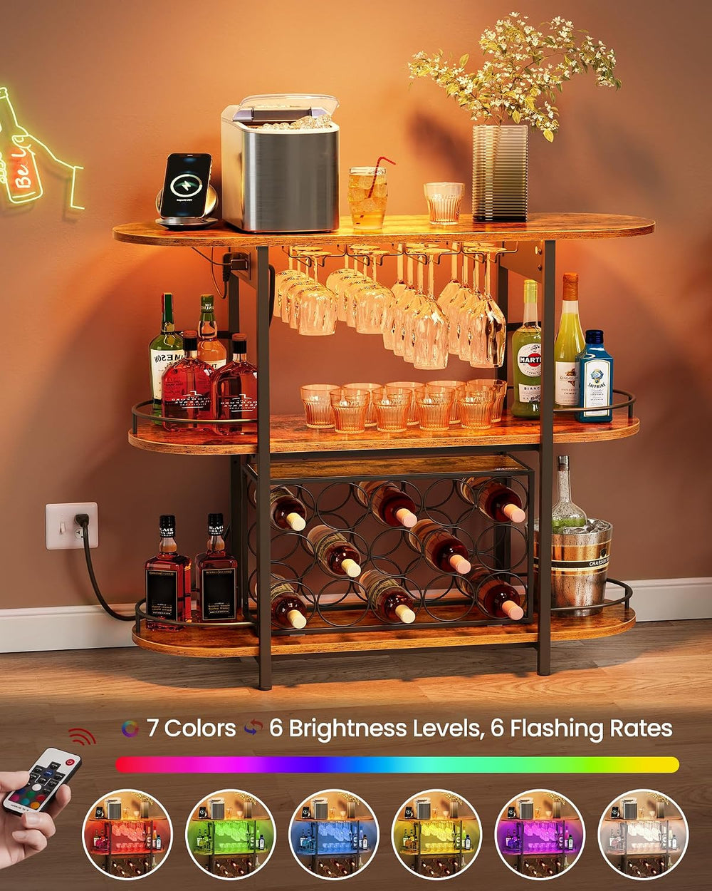 VASAGLE Bar Cabinets for Home, LED Coffee Bar with Power Outlets | Mini Bar f...