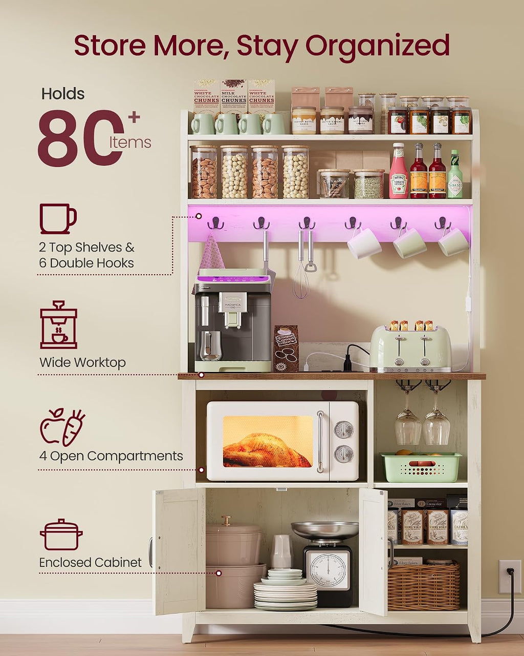VASAGLE Baker's Rack with LED Lights and Power Outlet, Farmhouse Coffee Bar Cabinet with 6 Hooks, 35.4 x 14.2 x 68.9 Inches, Cloud White and Brown Liry Collection UKKS113W101S