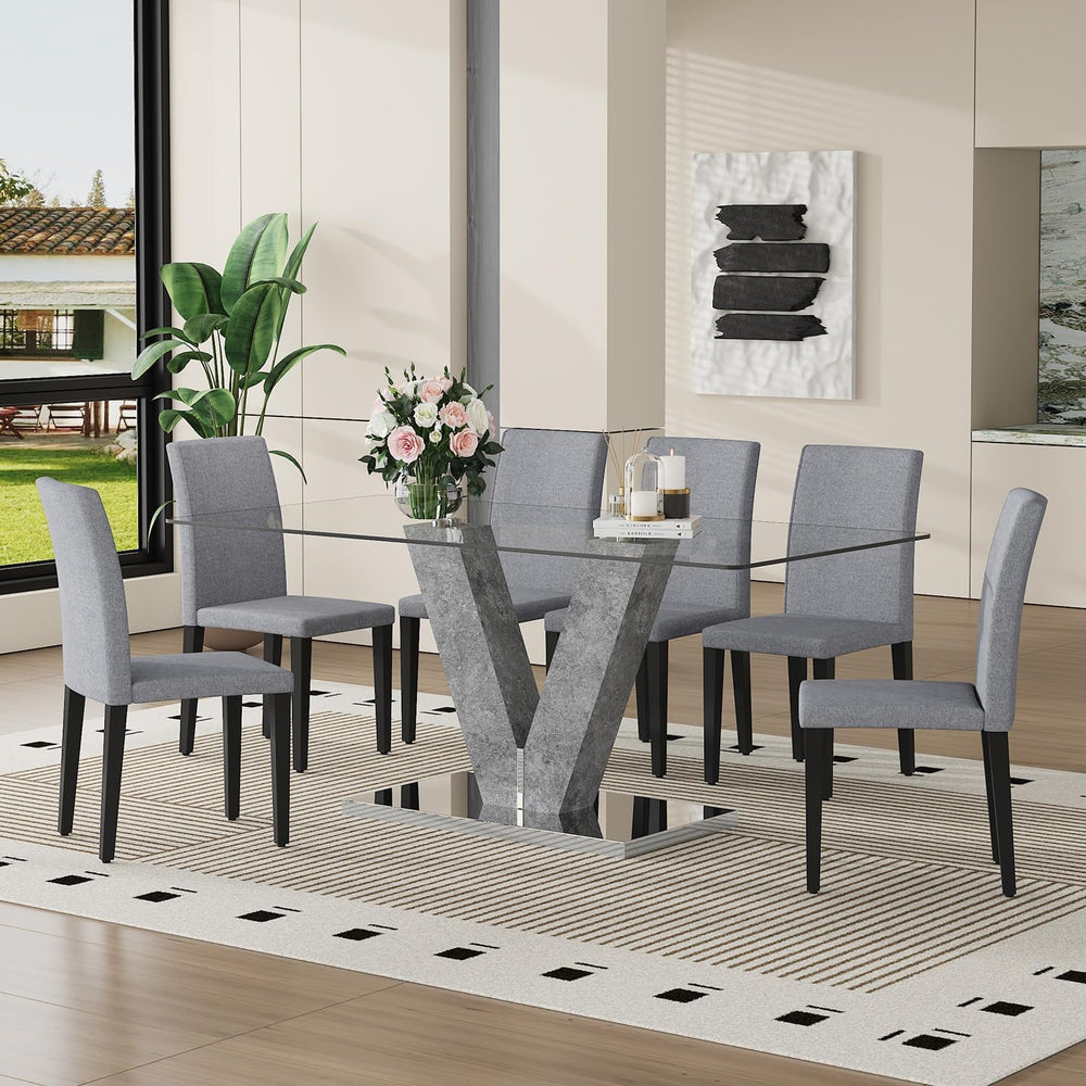 71" Glass Dining Table Set for 6, 7-Piece Glass Dining Table Set with Ch...
